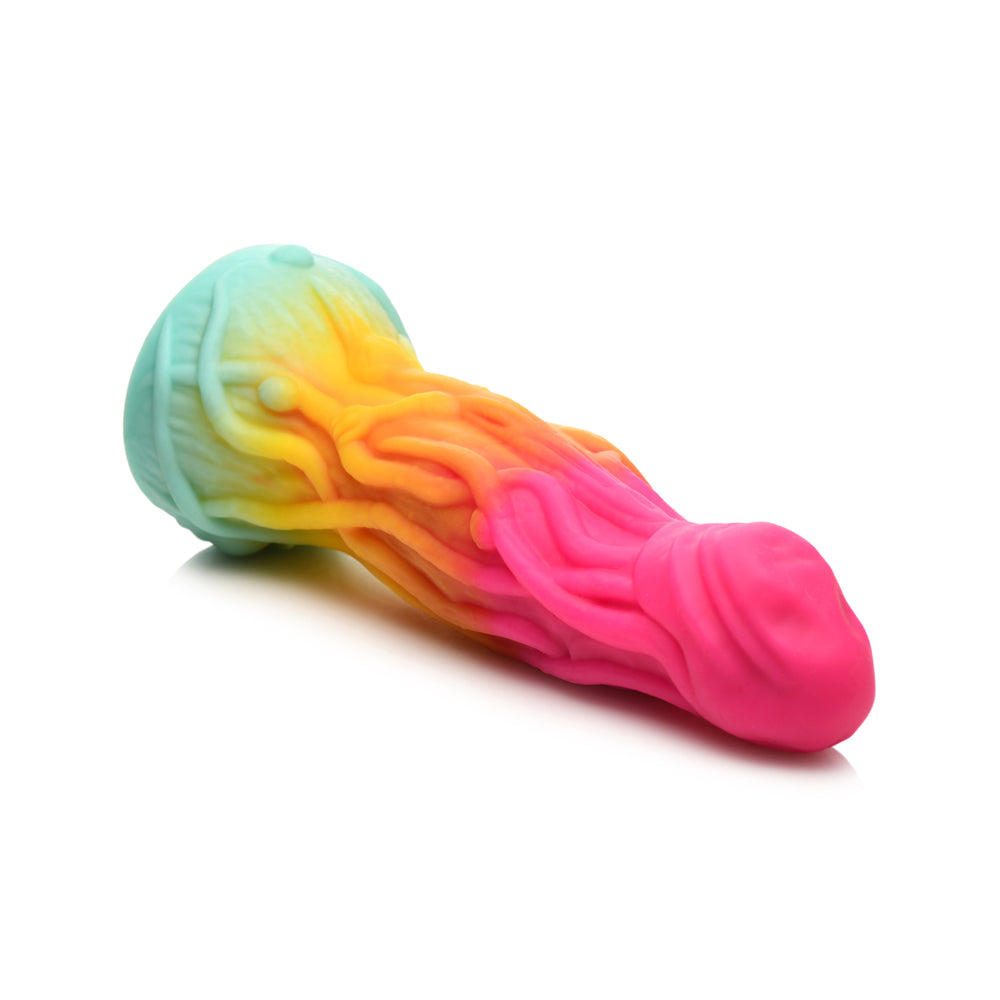 Rainbow gradient silicone fantasy dildo with textured body.
