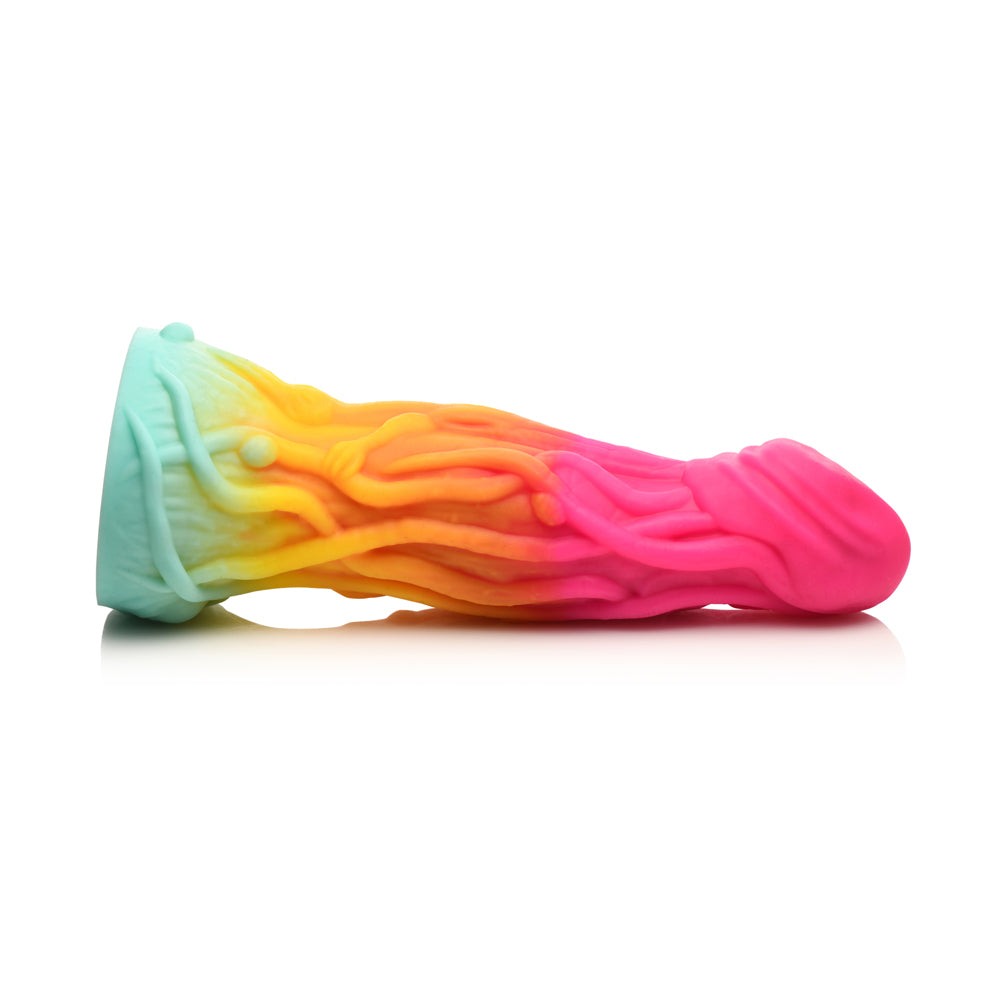 A rainbow-colored silicone dildo with a textured, tentacle-like design.