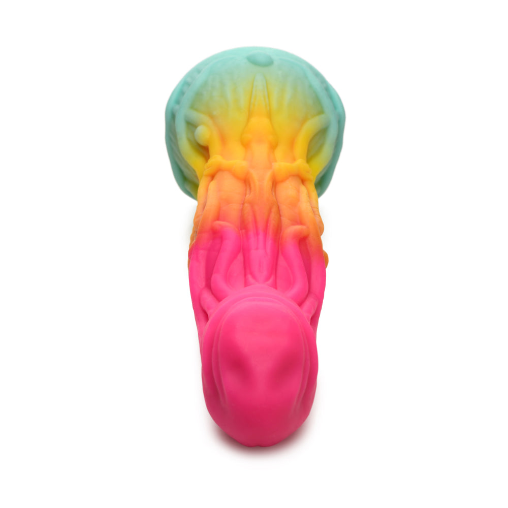 Rainbow gradient alien dildo with tentacles and suction cup base.