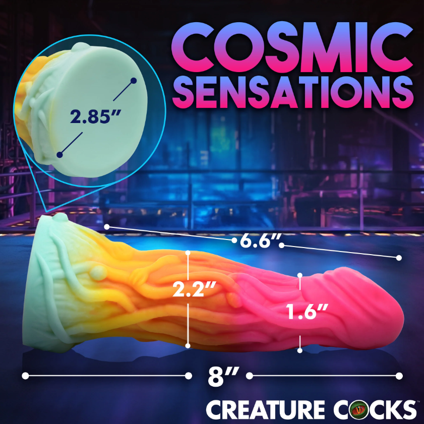 Rainbow alien dildo with suction cup and textured shaft.