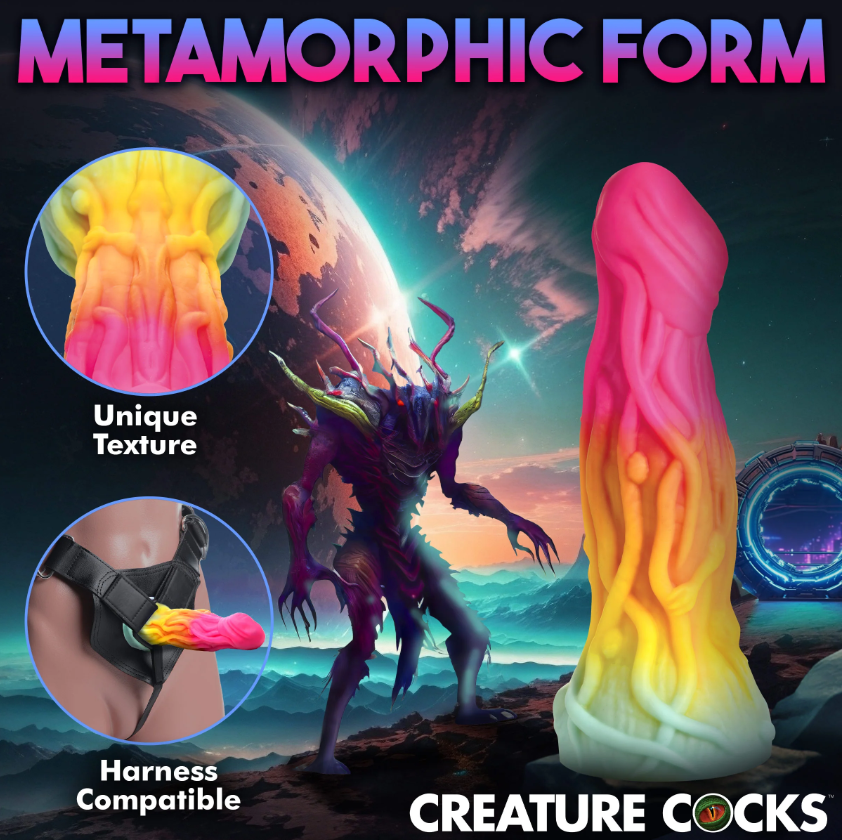 Rainbow alien dildo with unique texture and harness compatibility.