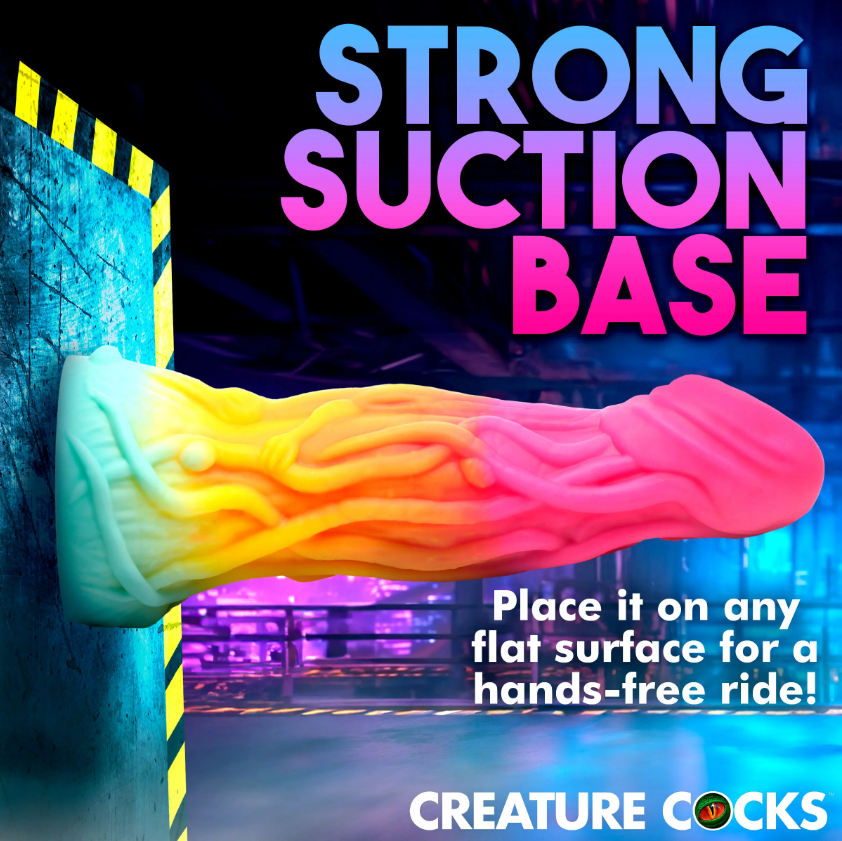Rainbow silicone fantasy dildo with suction cup base.