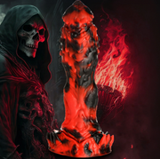 Textured red and black silicone dildo with a skull-like figure and flames in the background.