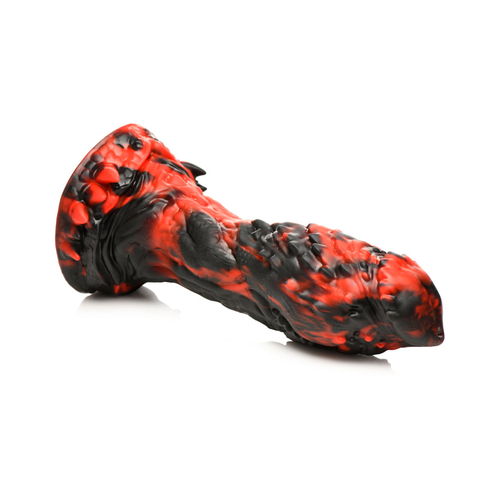 Textured red and black silicone dildo with a suction cup base.