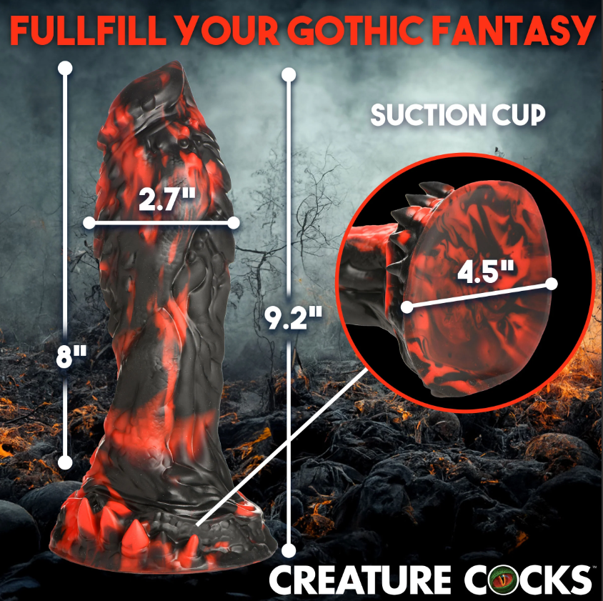 A black and red textured fantasy dildo with suction cup, measuring 9.2 inches long.