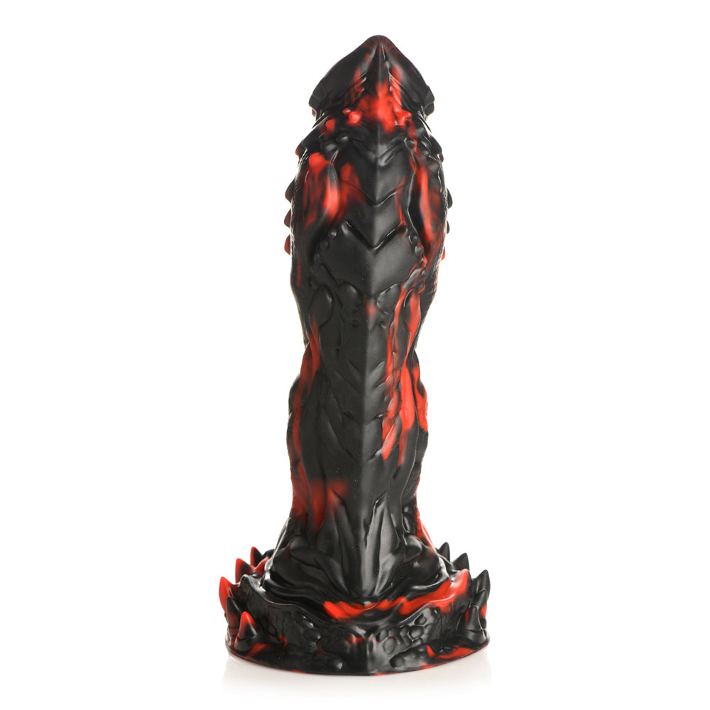 Black and red textured silicone dildo with a dragon-like design.