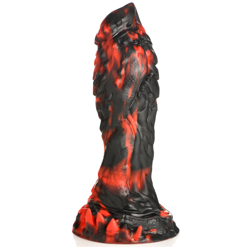 Black and red textured silicone dildo with a suction cup base.