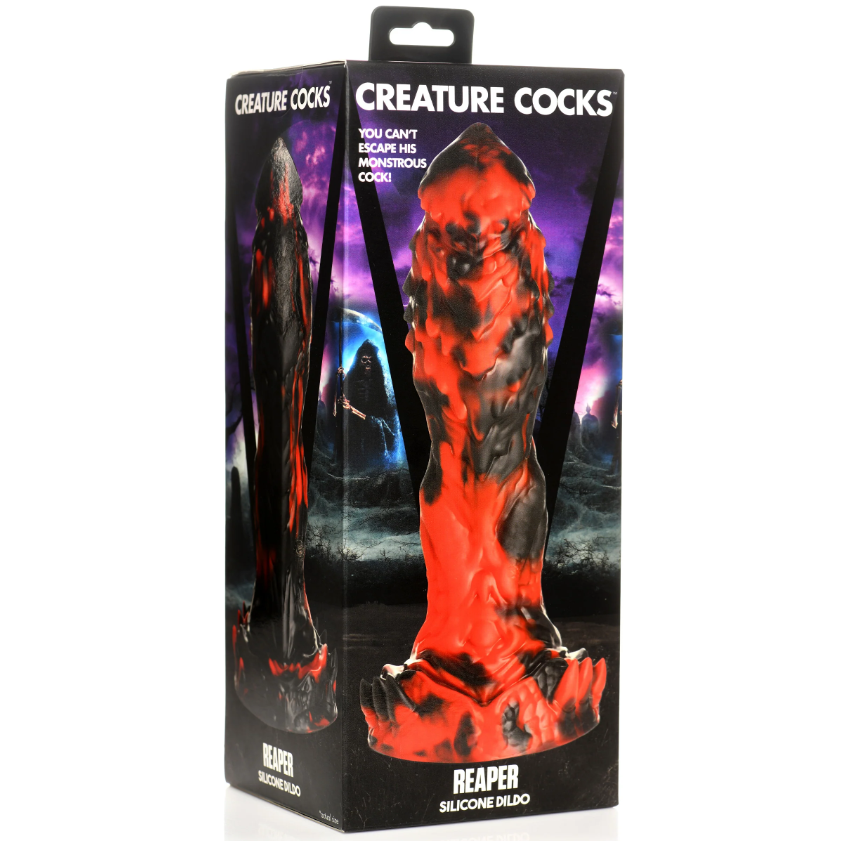 A red and black textured silicone dildo on its packaging.