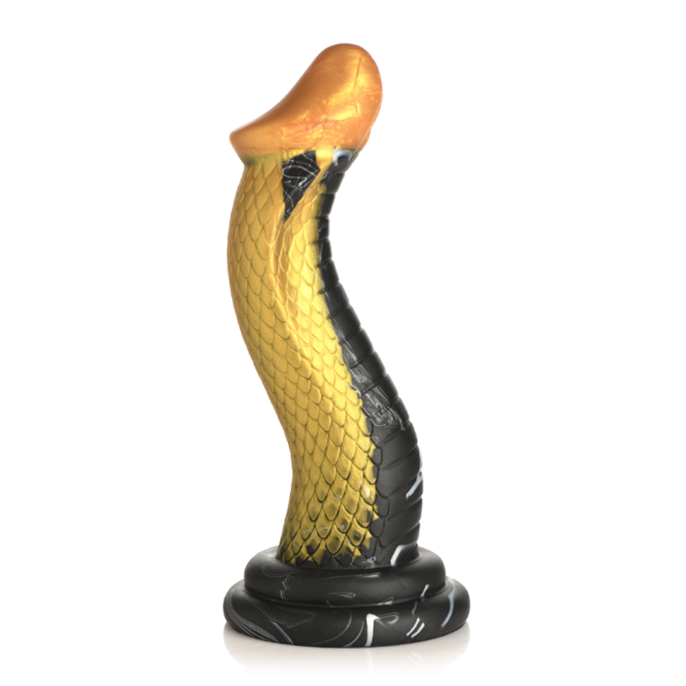 Golden Mamba snake dildo with black and gold scales and a suction cup base.