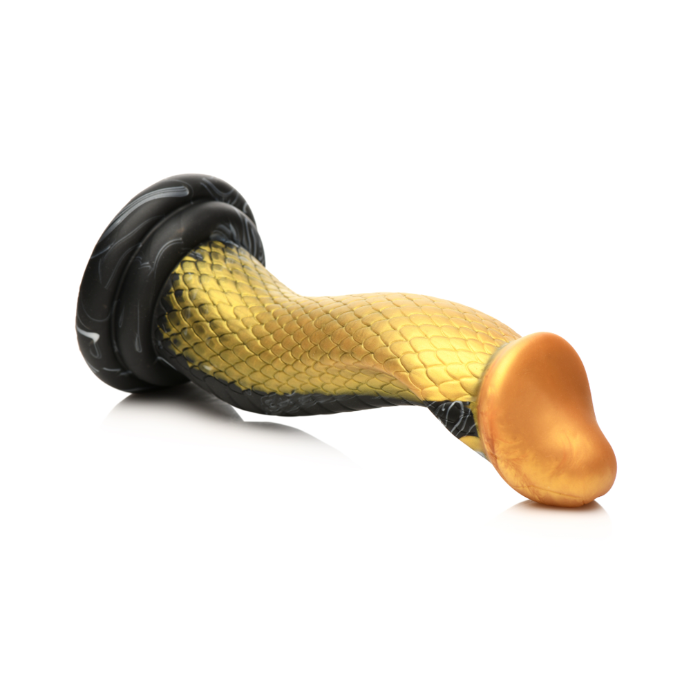 A gold and black snake-shaped dildo with a suction cup base.