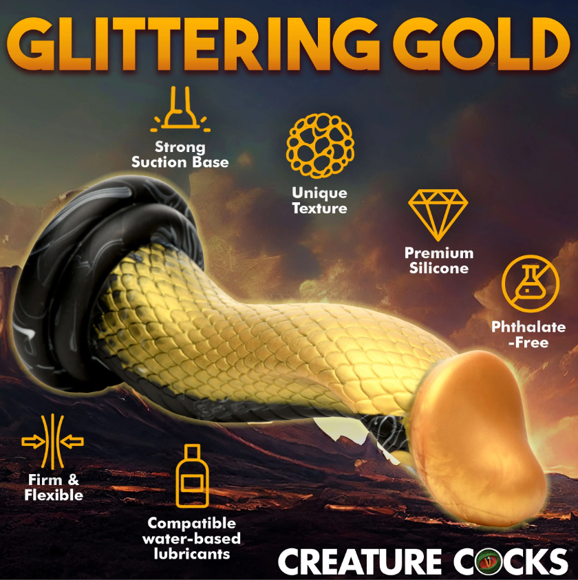 Golden Mamba snake dildo with suction cup and textured hood.