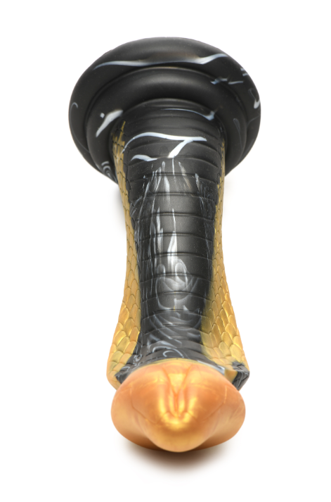A black and gold snake-shaped dildo with a suction cup base.