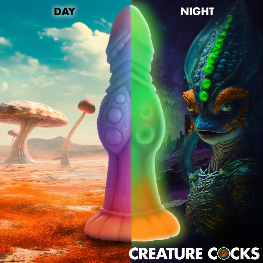 A glow-in-the-dark alien dildo with a suction cup base.