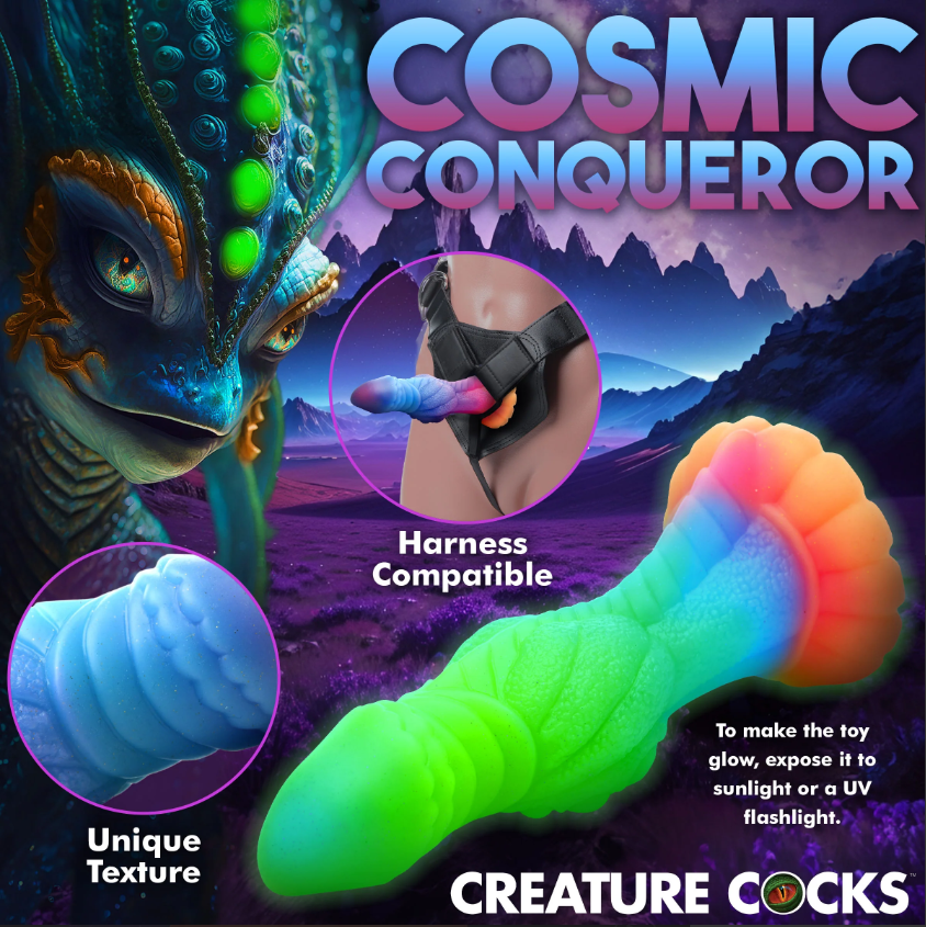 A glow-in-the-dark silicone dildo with a textured surface and suction cup base.