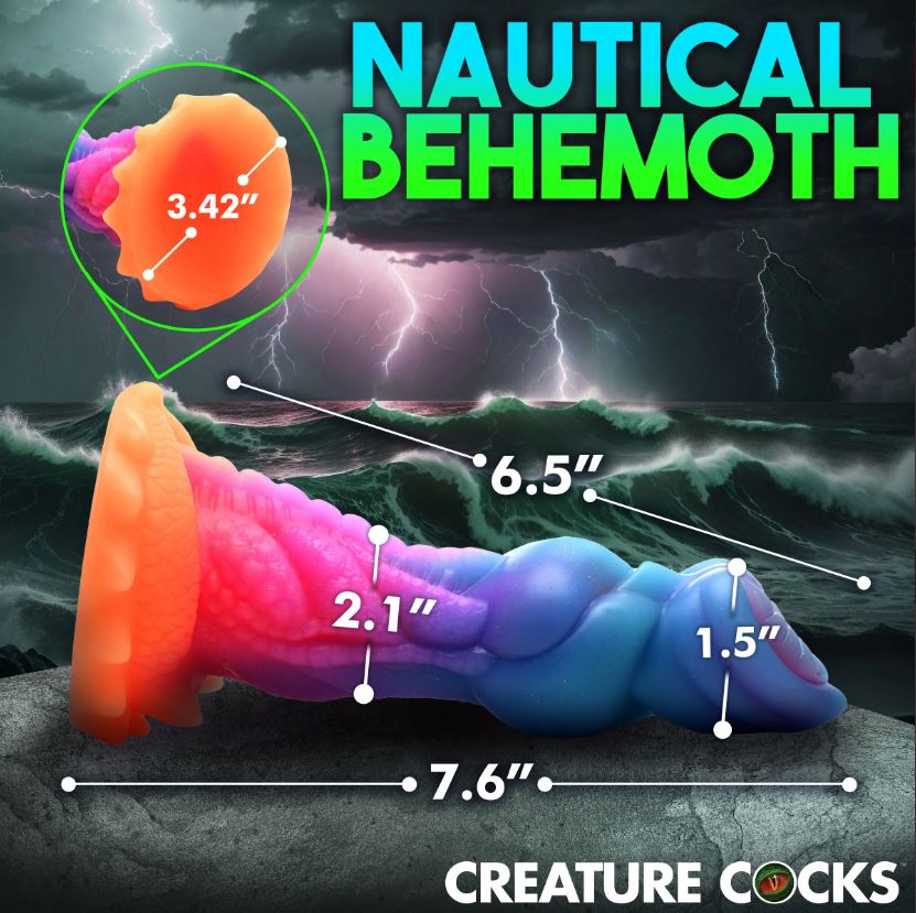 A colorful silicone dildo with textured details and measurement callouts.