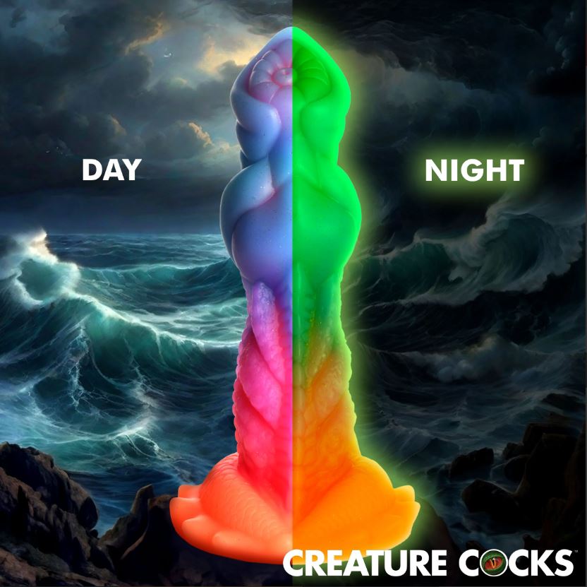 A glow-in-the-dark silicone dildo with a suction cup base.