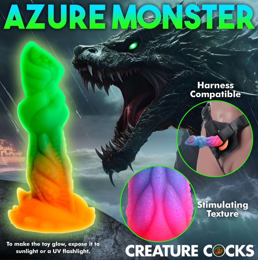 Glow-in-dark silicone fantasy dildo with suction cup and textured surface.