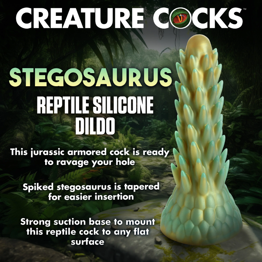 Stegosaurus spiky silicone dildo with a suction cup base.