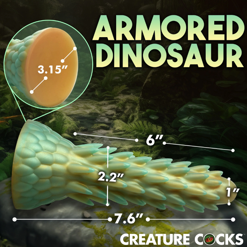 A textured, spiky dinosaur-themed dildo with measurements.