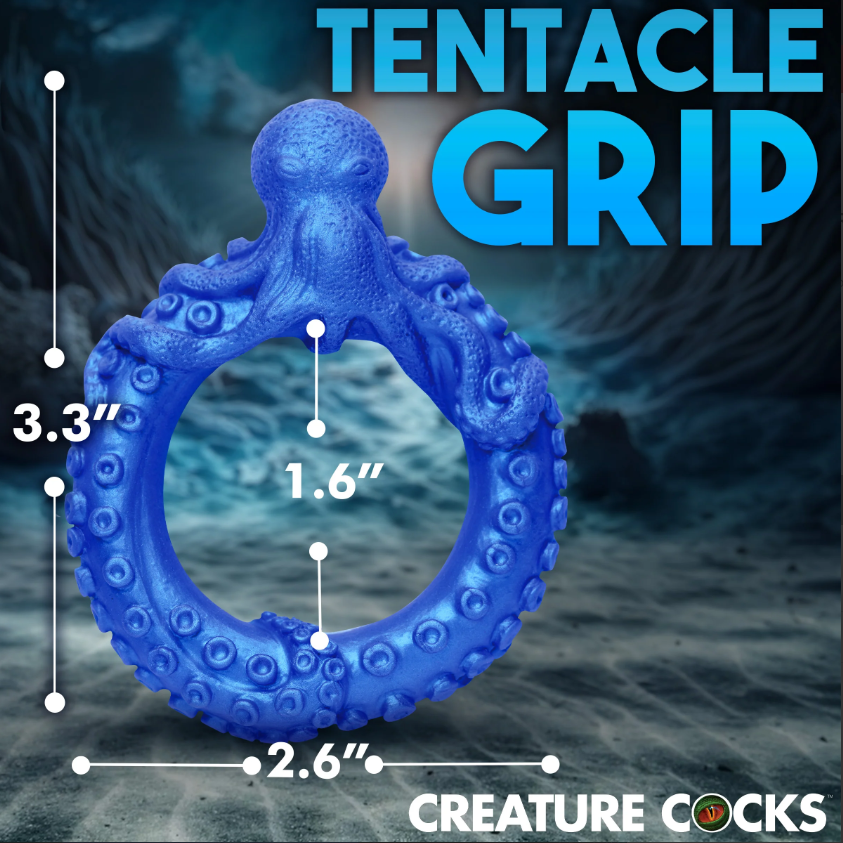 Blue octopus-shaped silicone cock ring with dimensions indicated.