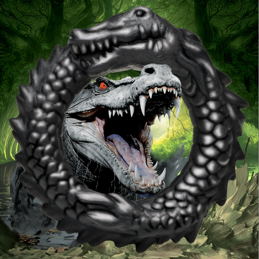 Black caiman-shaped silicone cock ring with textured scales.