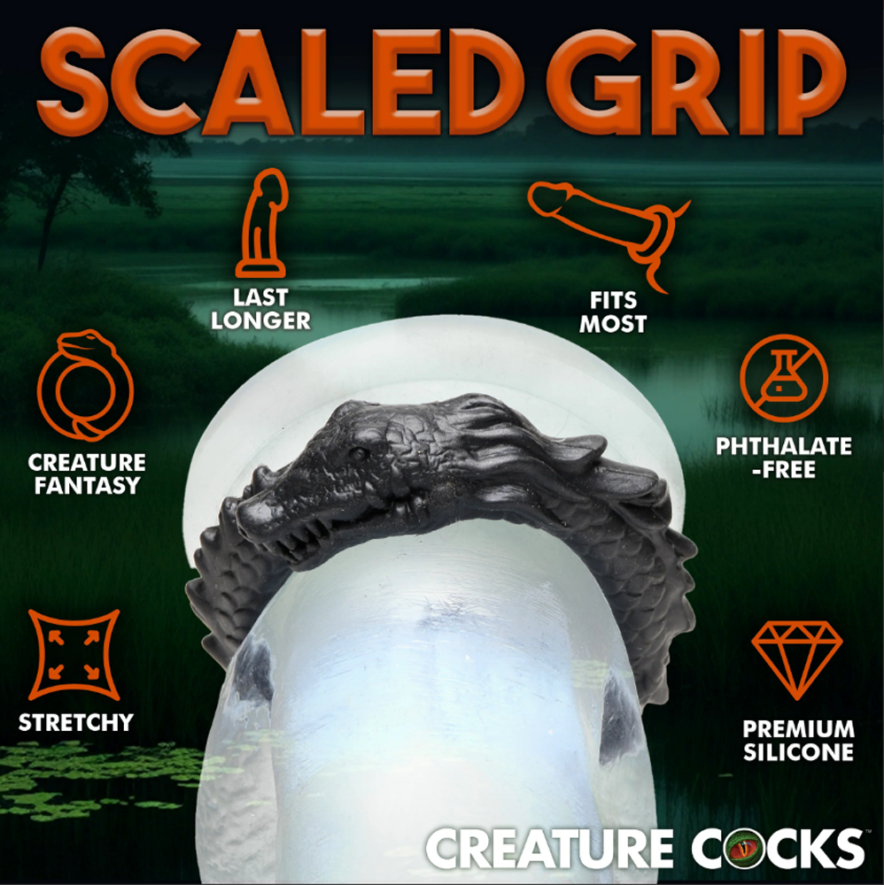 Black caiman-shaped silicone cock ring with stretchy fantasy design.