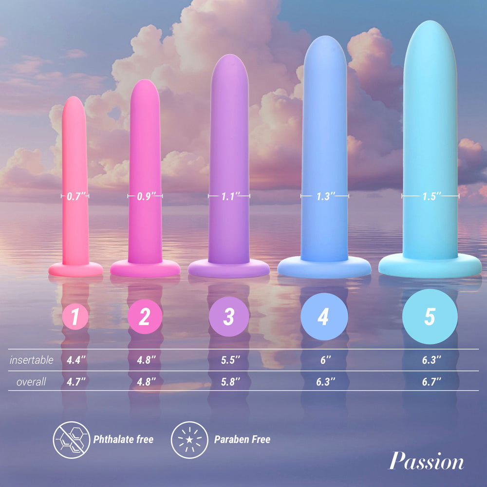 Five silicone dilators of increasing size and color, with measurements.