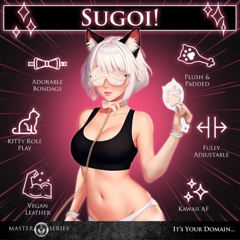 Anime-style cat girl in bondage gear with text "SUGOI!".