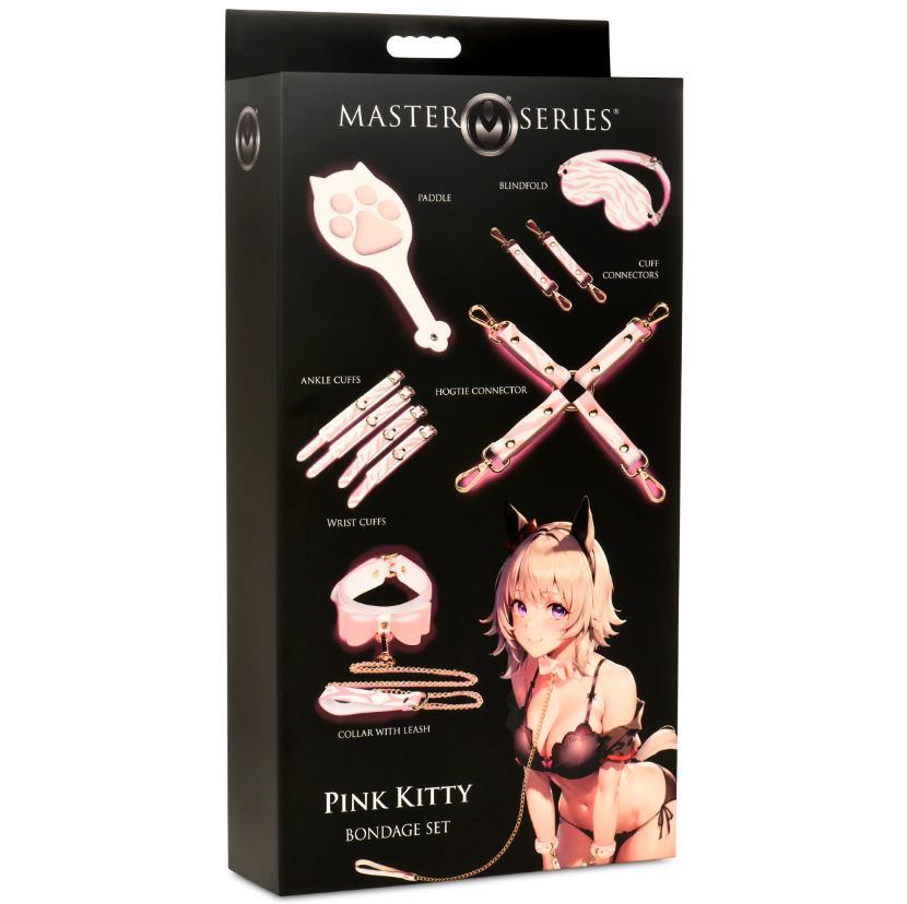 Pink Kitty Bondage Set with paddle, blindfold, cuffs, hogtie, and collar with leash.