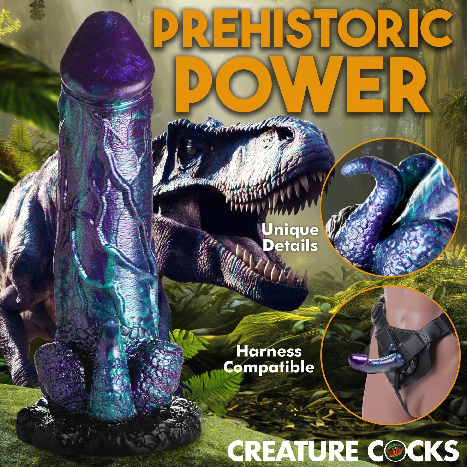 Dinosaur-themed silicone dildo with a suction base and textured details.