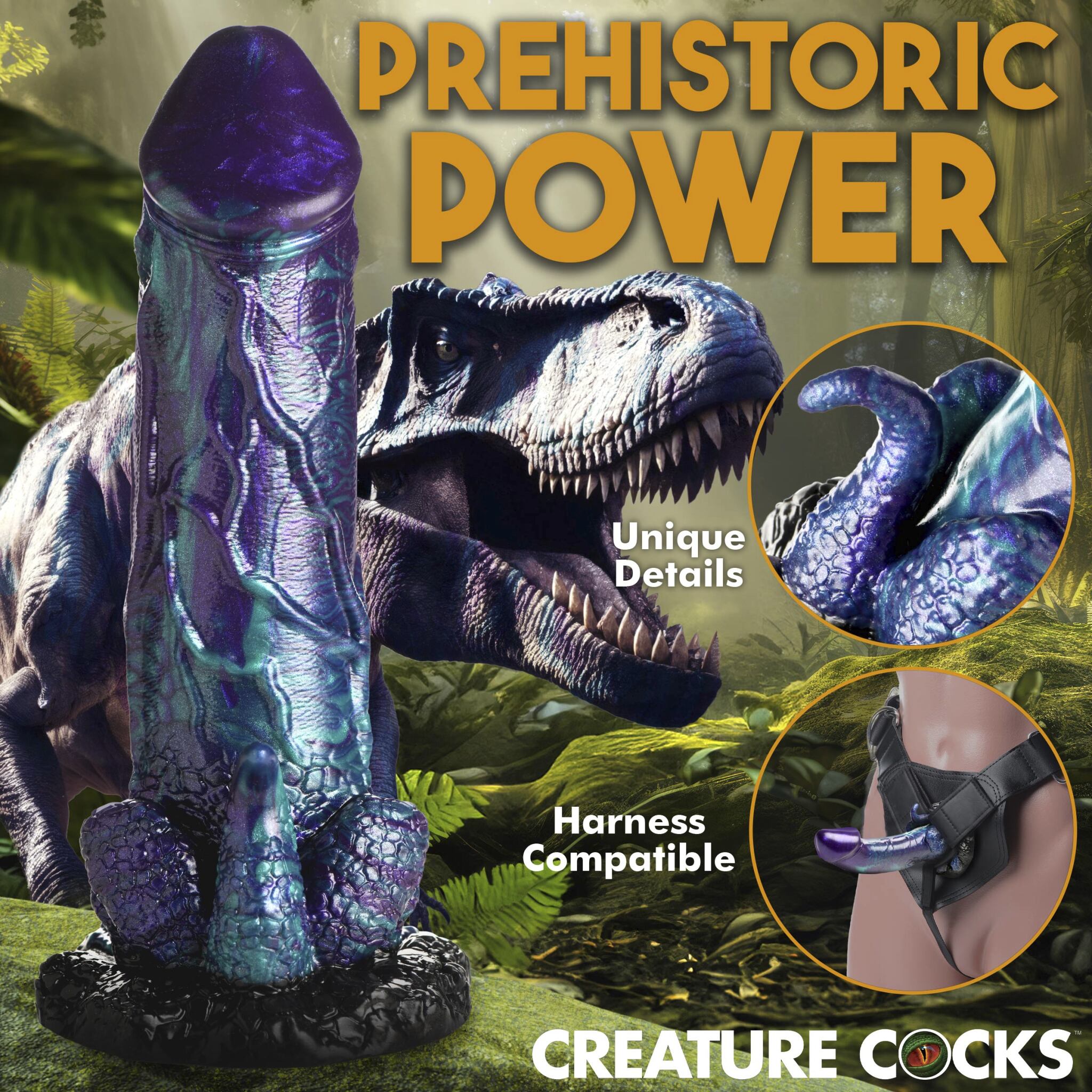 Dinosaur-themed silicone dildo with a suction base and textured details.