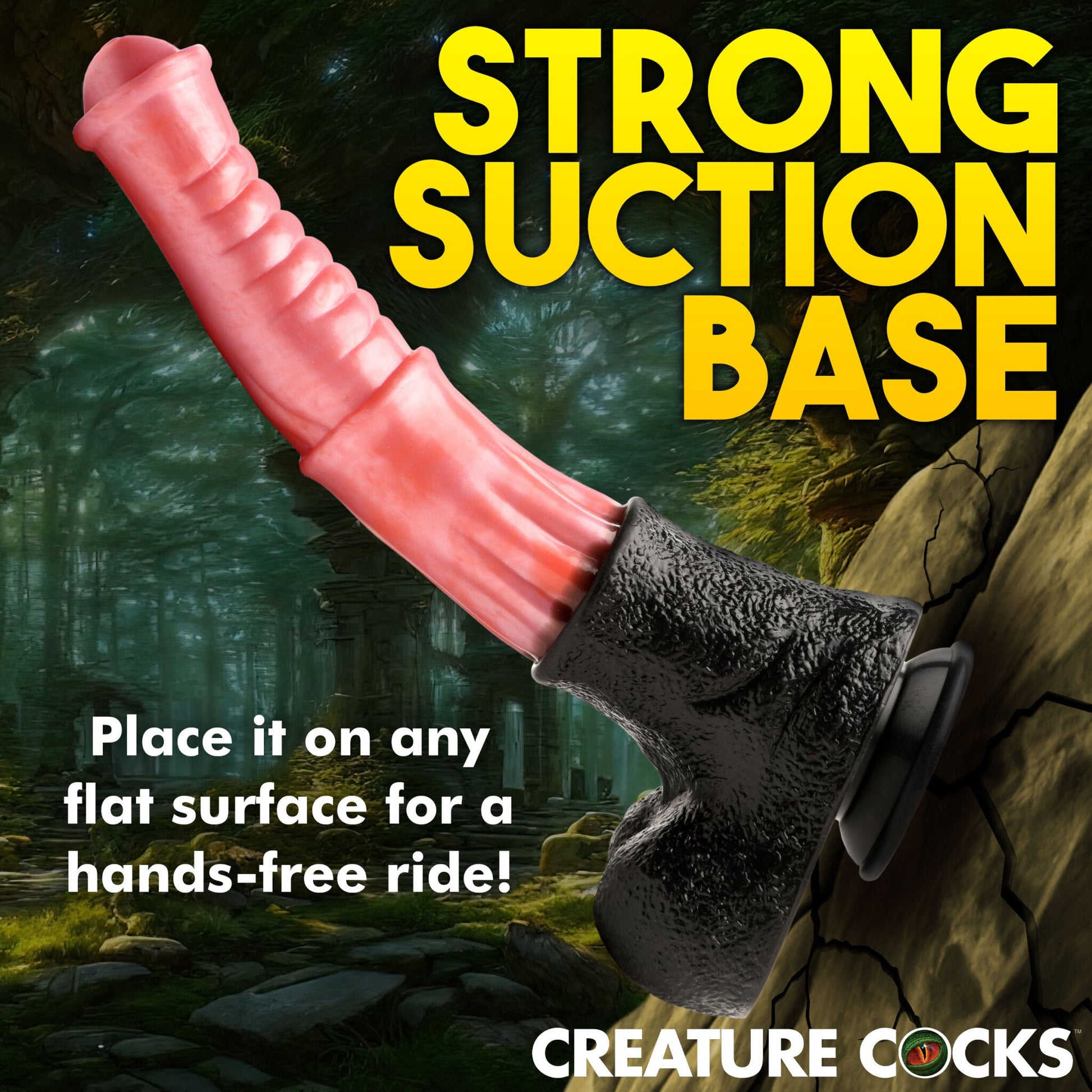 A pink ribbed dildo with a black textured suction cup base.