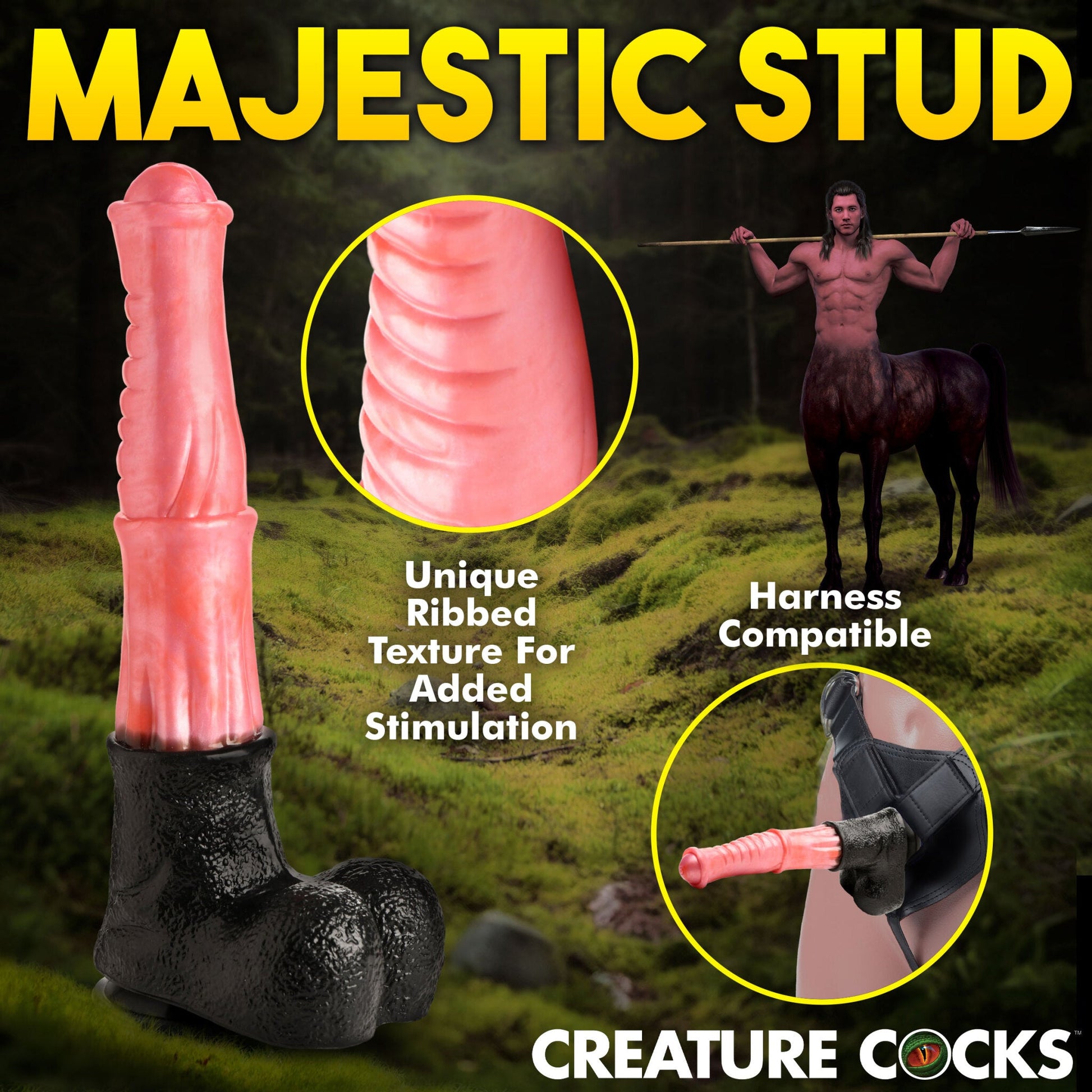 A pink ribbed dildo with a black hoof base, featuring a centaur image and harness compatibility.