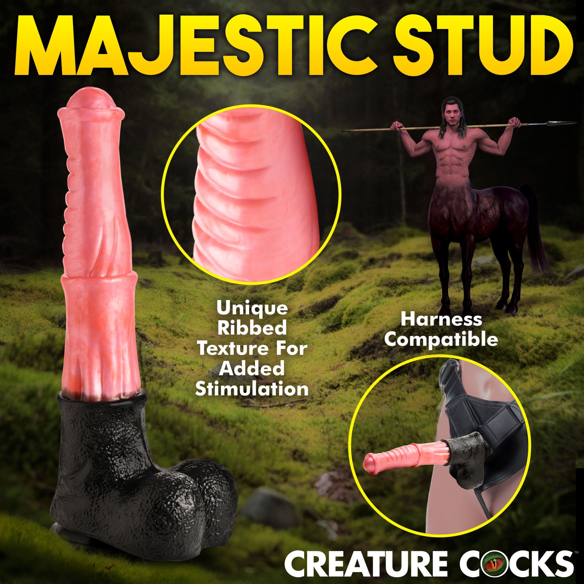 A pink ribbed dildo with a black hoof base, featuring a centaur image and harness compatibility.