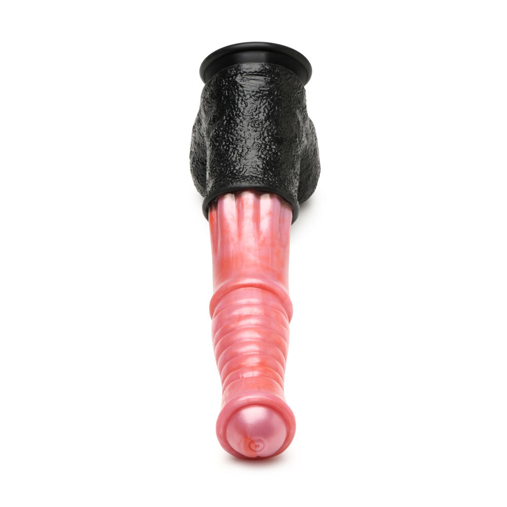 Giant Centaur dildo with textured black base and ribbed pink shaft.
