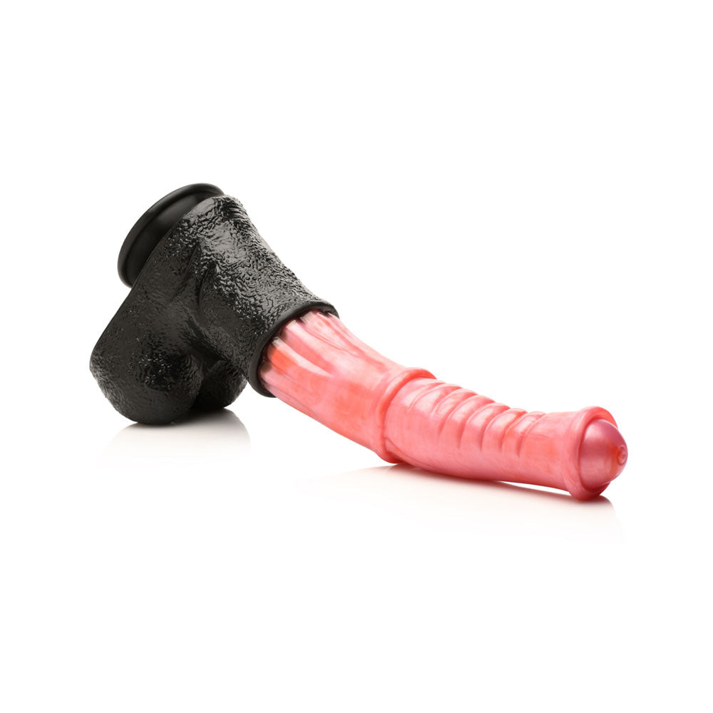 A large peach silicone centaur fantasy dildo with black suction cup base, 13.6 inches long.