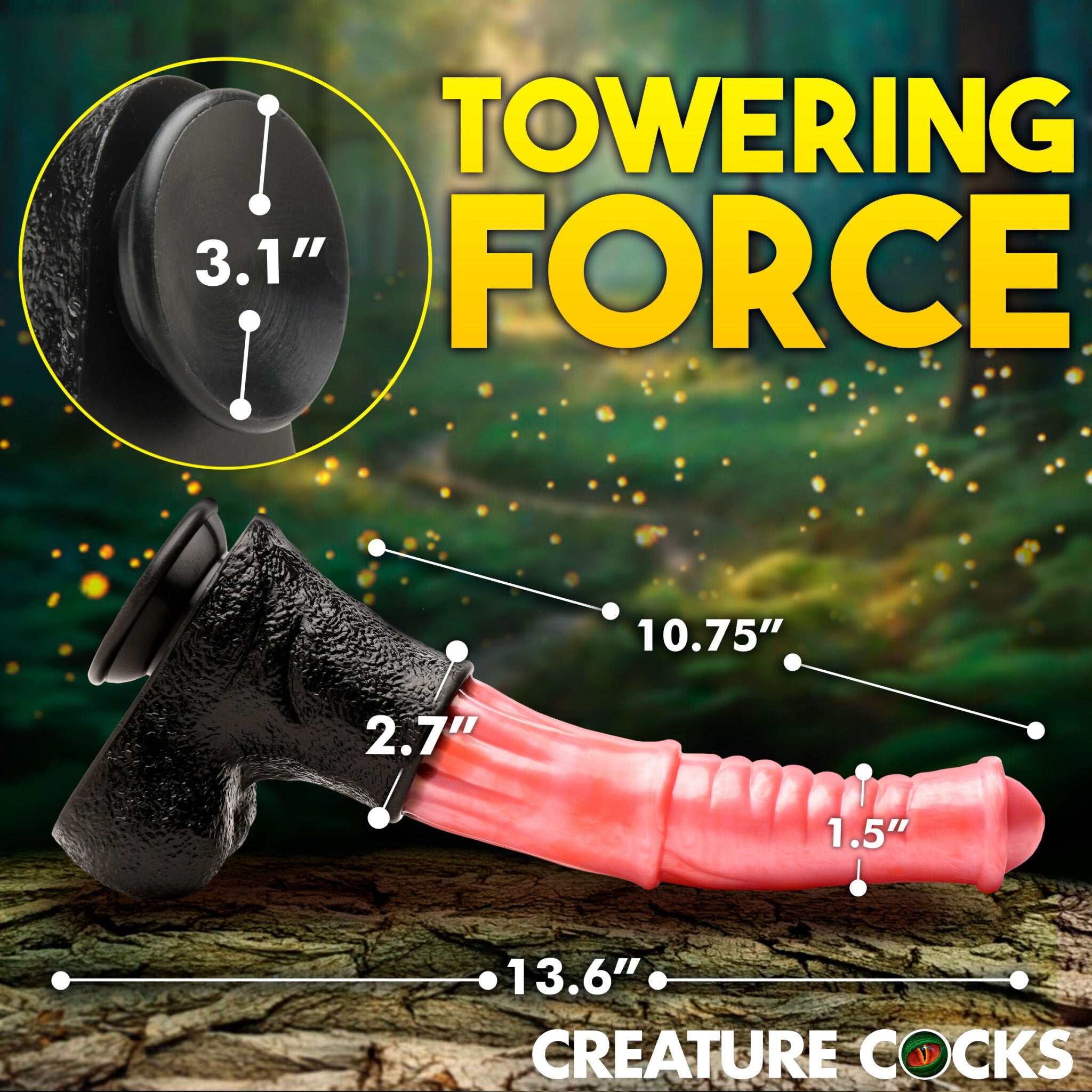 Giant Centaur silicone dildo with suction cup, peach and black, 13.6 inches long.