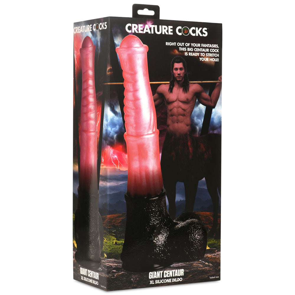 Giant Centaur XL silicone dildo in pink and black on a box with a centaur image.