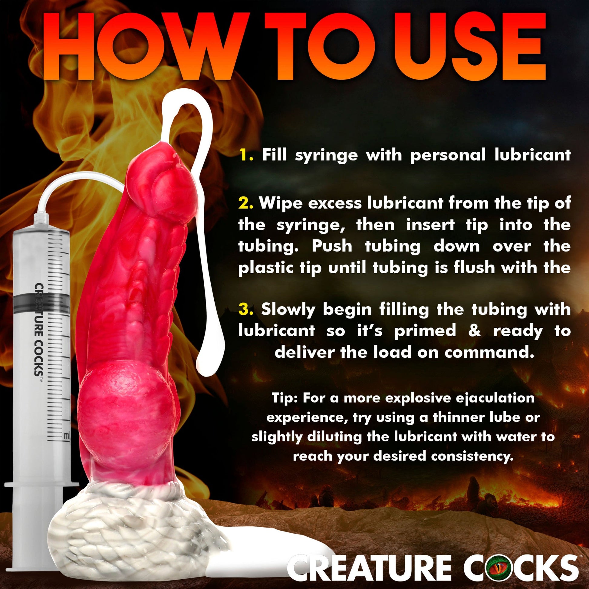 A red silicone dildo with a syringe and tubing, with instructions on how to use it.