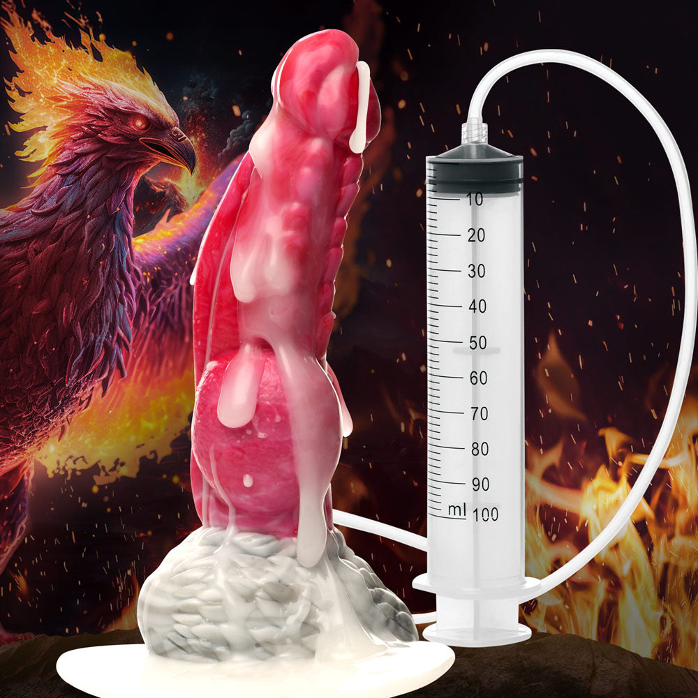 A pink silicone dildo with a syringe and hose, set against a phoenix background.
