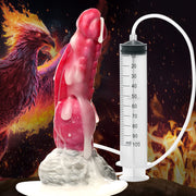 A pink silicone dildo with a syringe and hose, set against a phoenix background.