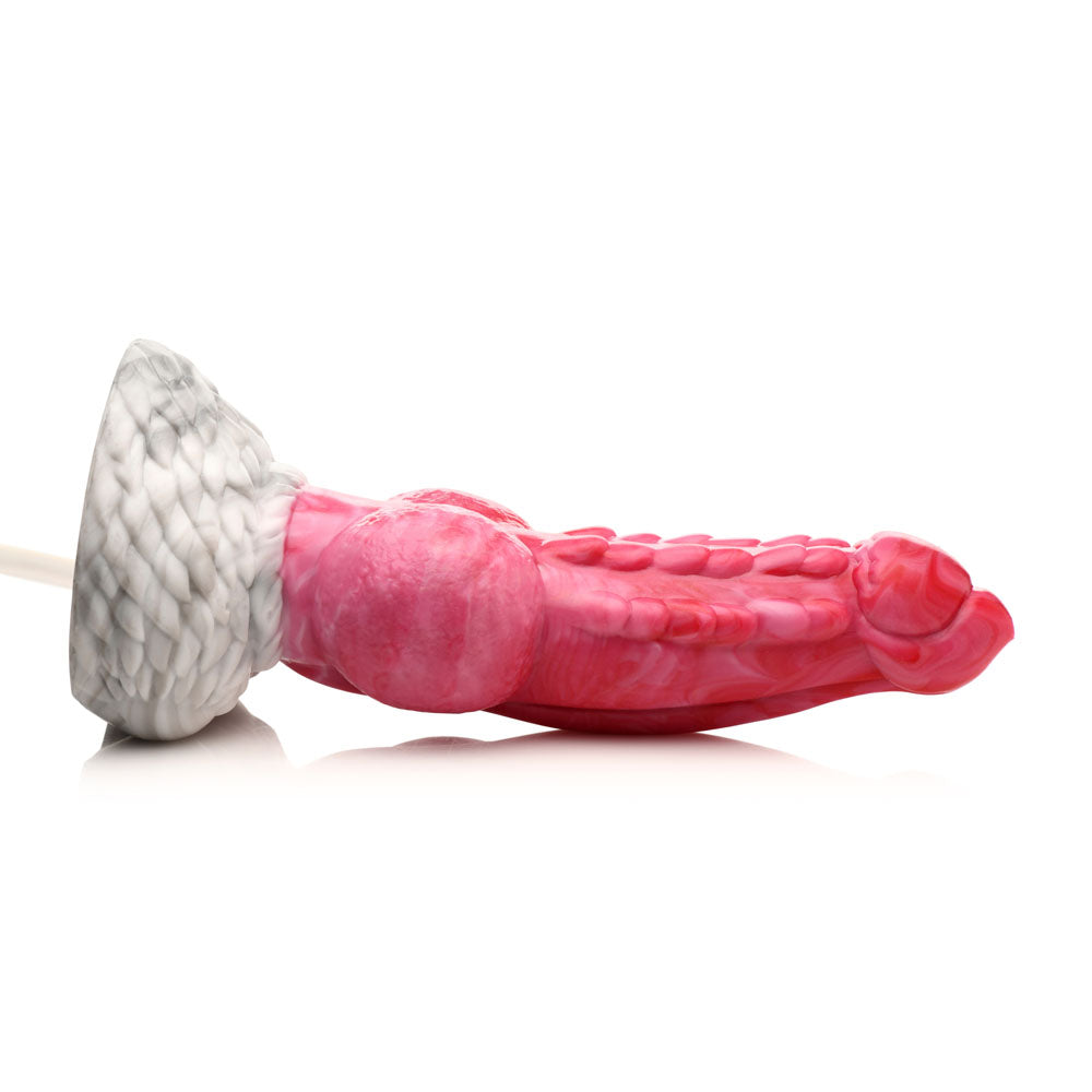 Pink textured silicone dildo with a grey textured base.