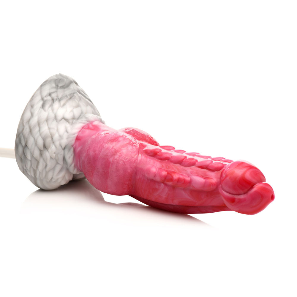 A pink and grey textured fantasy dildo with a rope-like design.