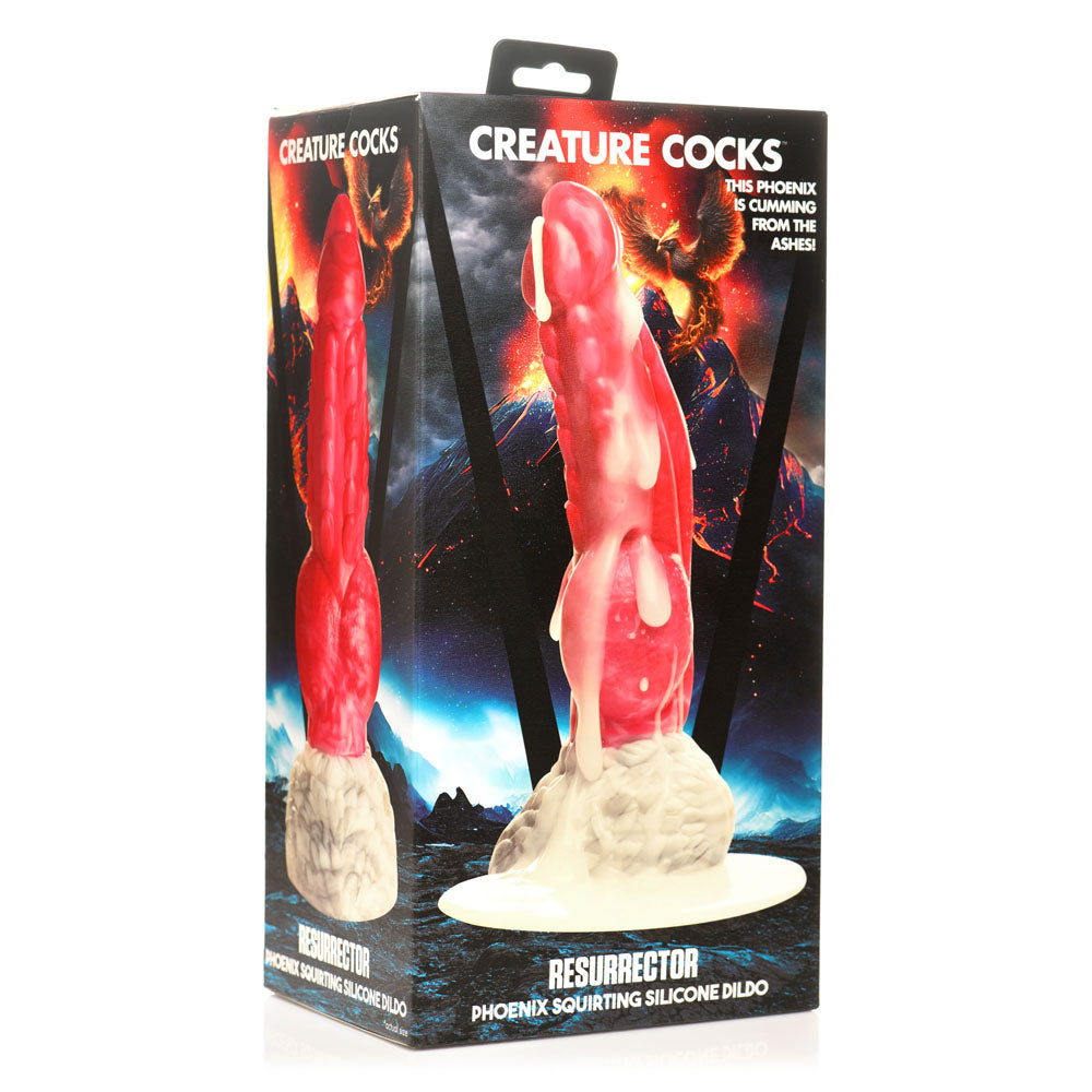 Resurrector Phoenix Squirting Silicone Dildo in red with white accents.