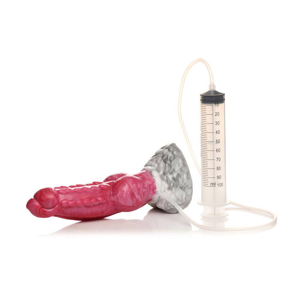 Pink and gray textured dildo with a connected syringe.