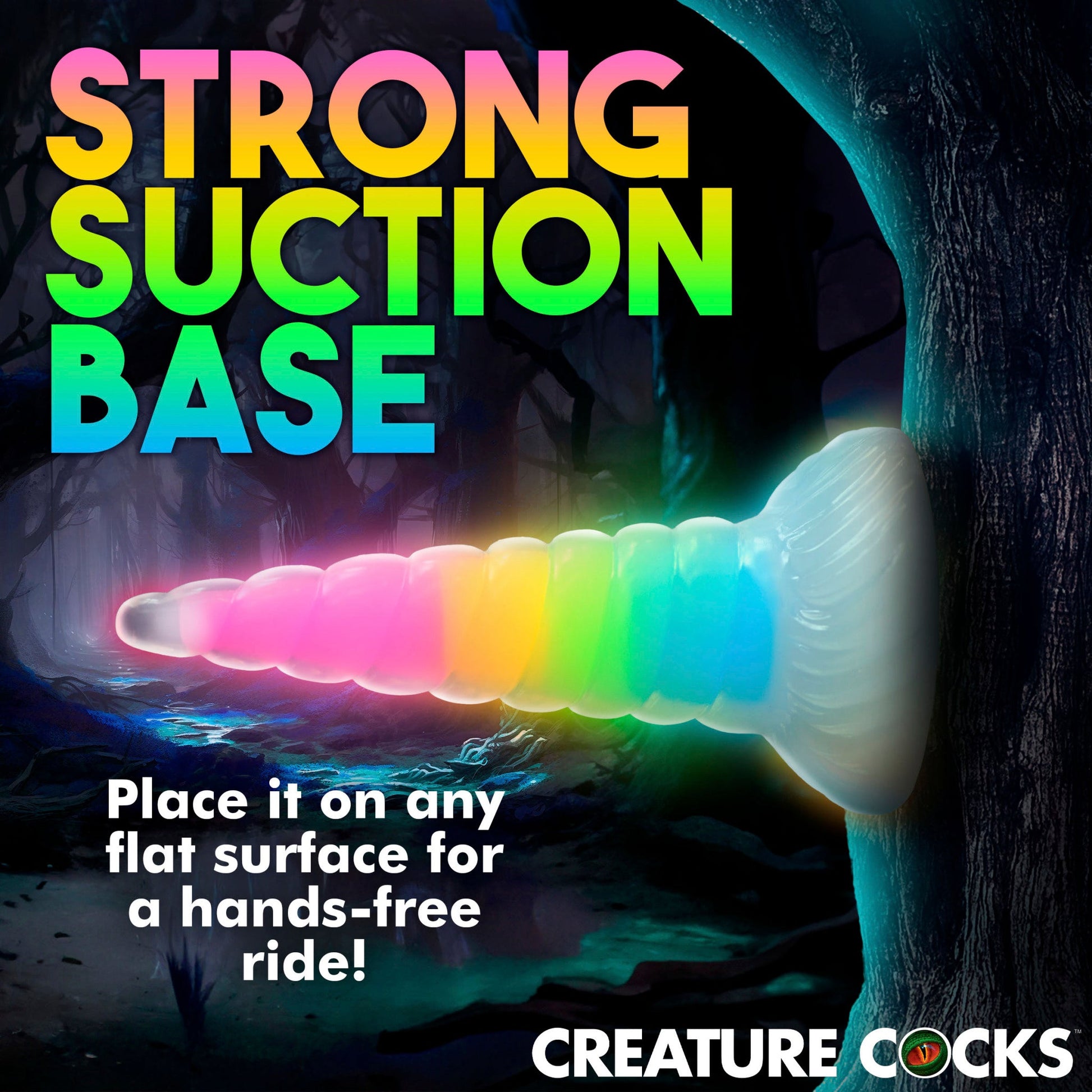 A rainbow unicorn horn dildo with a suction base.
