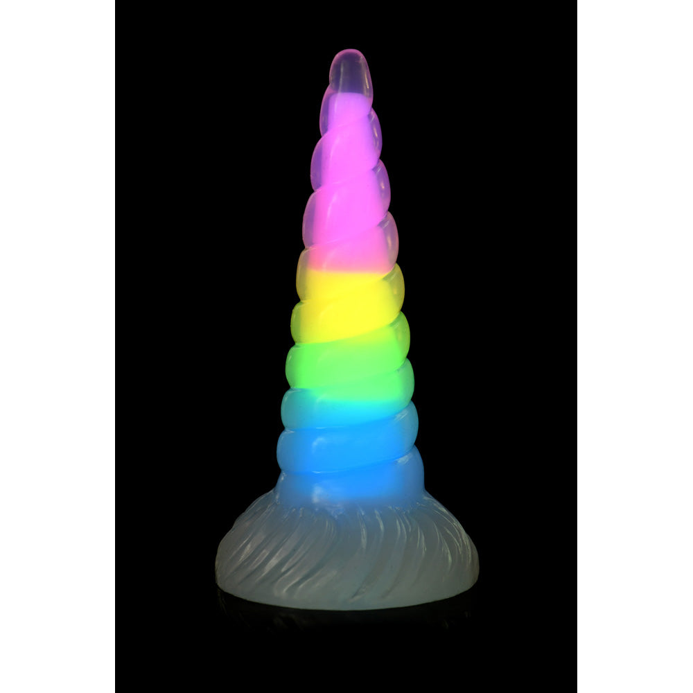 A rainbow unicorn horn dildo with a textured base.