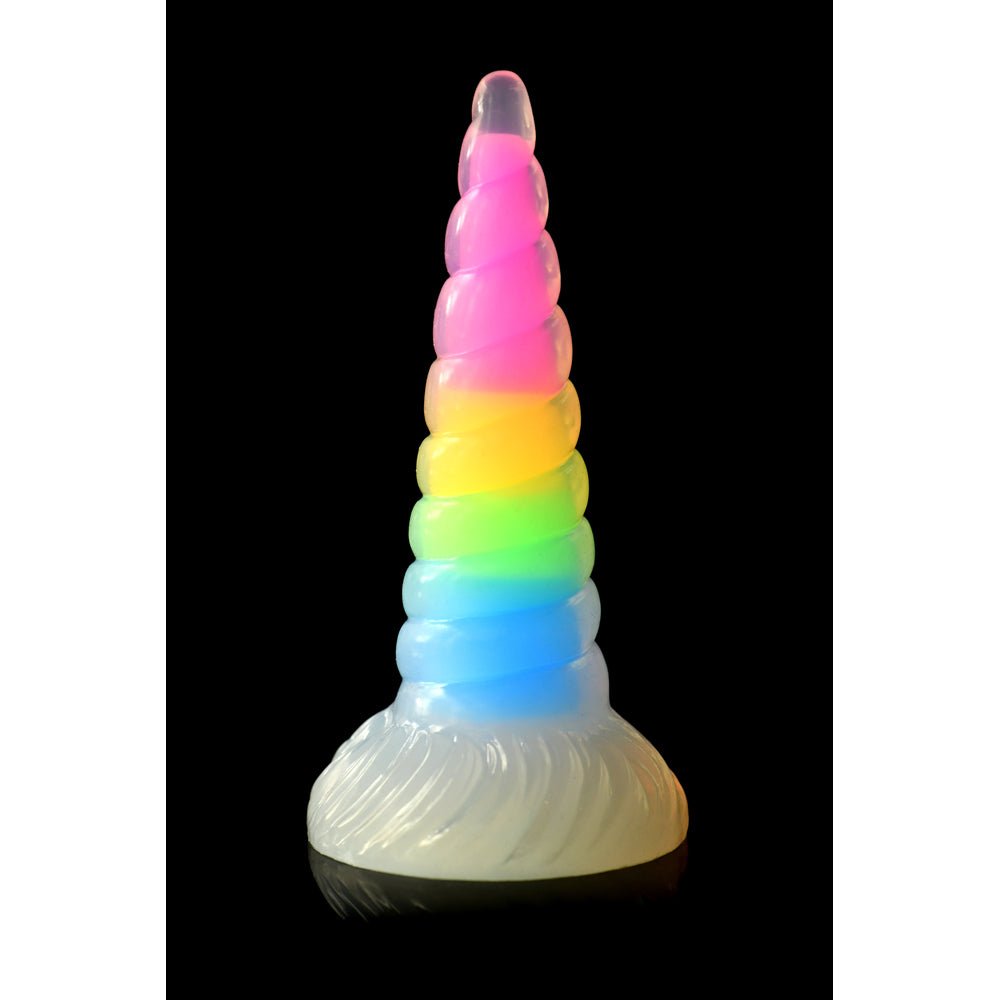A rainbow-colored unicorn horn dildo made of silicone.