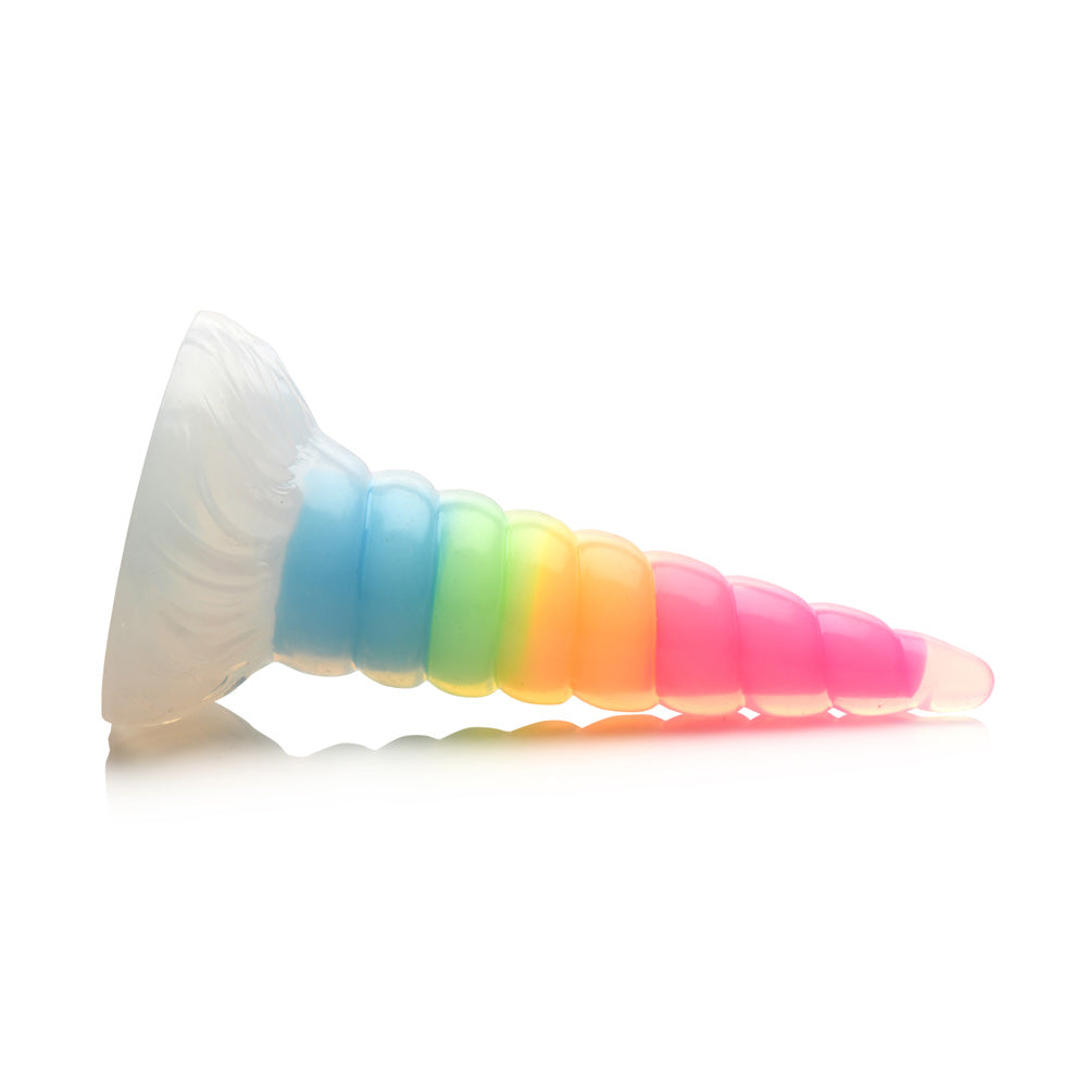 Rainbow silicone dildo shaped like a unicorn horn.