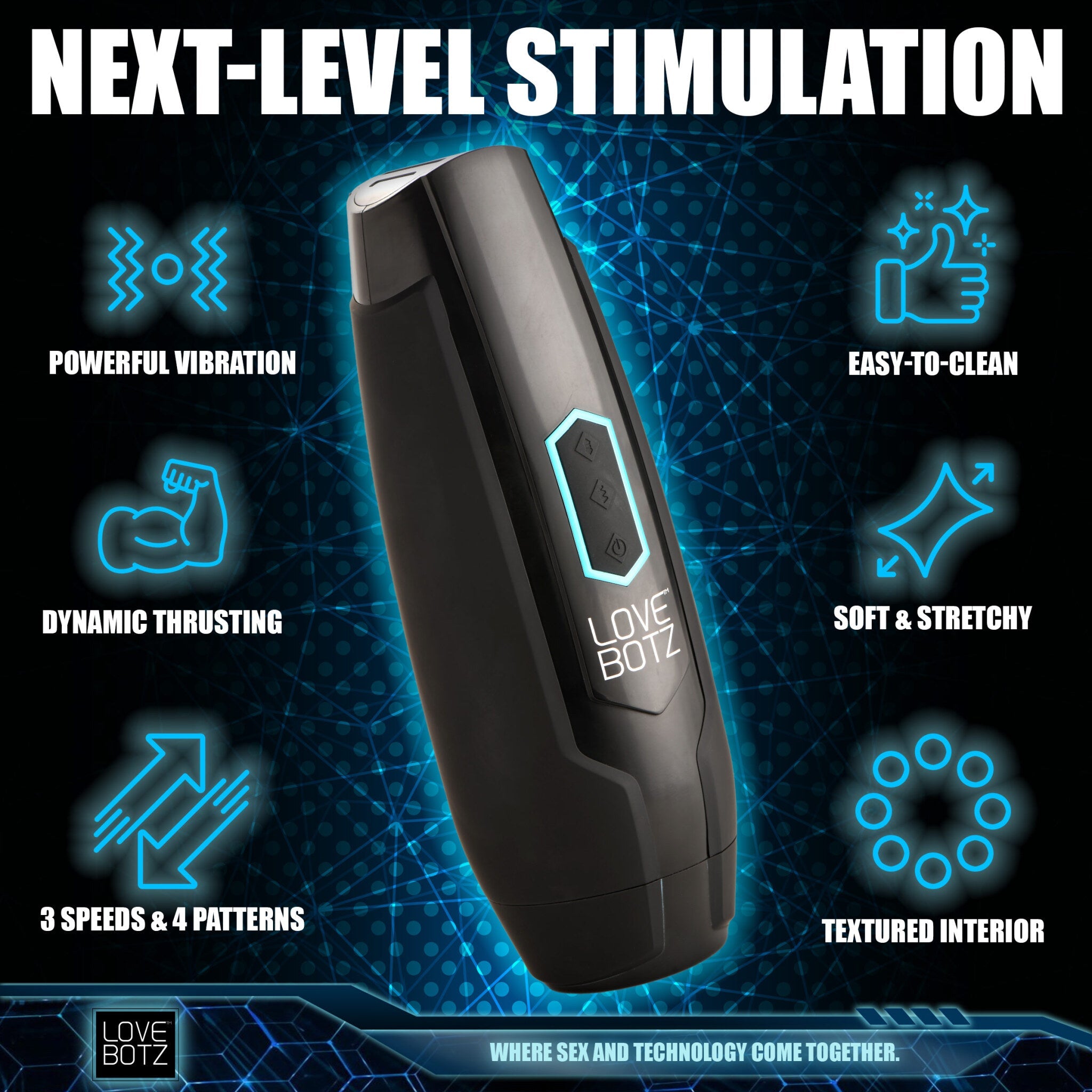 A black masturbator with icons indicating powerful vibration, dynamic thrusting, 3 speeds, 4 patterns, easy-to-clean, soft and stretchy, and textured interior.